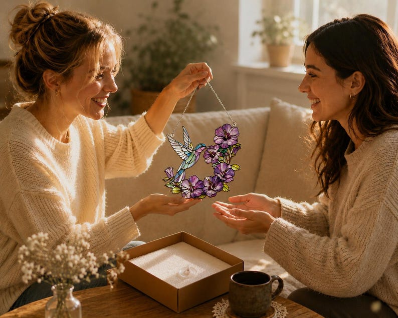 May include: A stained glass hummingbird and floral wreath design. The hummingbird is depicted in shades of blue, green, and purple, surrounded by a wreath of purple flowers. The artwork is held by a person.
