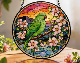 Łapacz słońca z zieloną papugą, witrażowy ptak wiszący, kwiatowy łapacz słońca, dekoracja domu inspirowana naturą, prezent dla miłośników ptaków