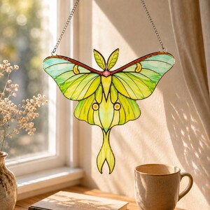 May include: A stained glass suncatcher shaped like a luna moth with vibrant lime green and yellow wings, dark leaded outlines, a small pink center accent, and two yellow crescent moon details, suspended by a thin silver metal chain.