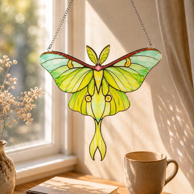 May include: A stained glass suncatcher shaped like a luna moth with vibrant lime green and yellow wings, dark leaded outlines, a small pink center accent, and two yellow crescent moon details, suspended by a thin silver metal chain.