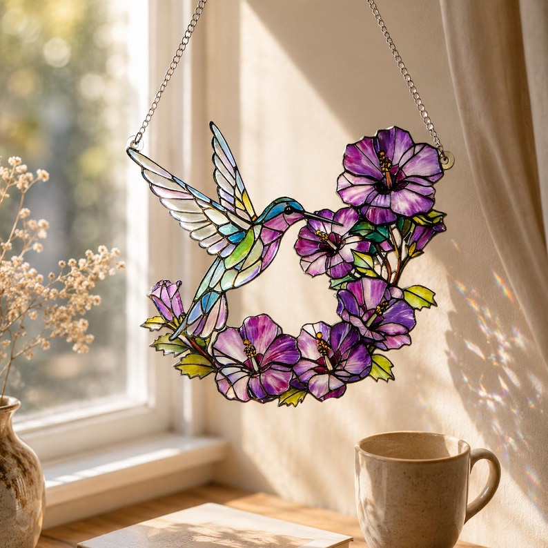 May include: Stained glass hummingbird with a colorful design, surrounded by purple hibiscus flowers. The artwork is suspended by a silver chain. The hummingbird has a long beak and outstretched wings, with a variety of colors including blue, green, and purple.