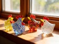 Colorful hand-blown glass chicks, Bright Farm Animal Accent, Mini Glass Art, Window Shelf Accent Gift, Gift For Granma