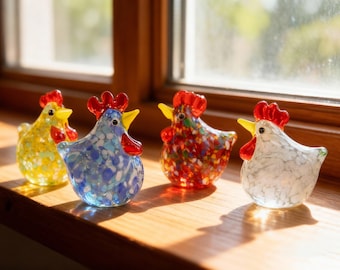 Kolorowe, ręcznie dmuchane szklane kurczaki, Jasny akcent ze zwierzętami gospodarskimi, Miniaturowa sztuka szklana, Prezent na półkę okienną, Prezent dla babci