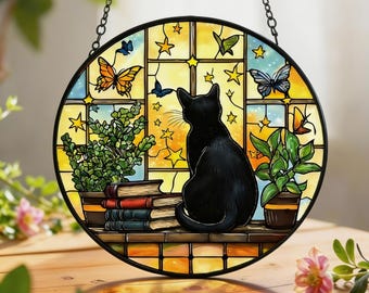 Black Cat Starry Night Stained Glass Suncatcher, Quiet Companion Window Art, Comfort Gift for Cat Lovers