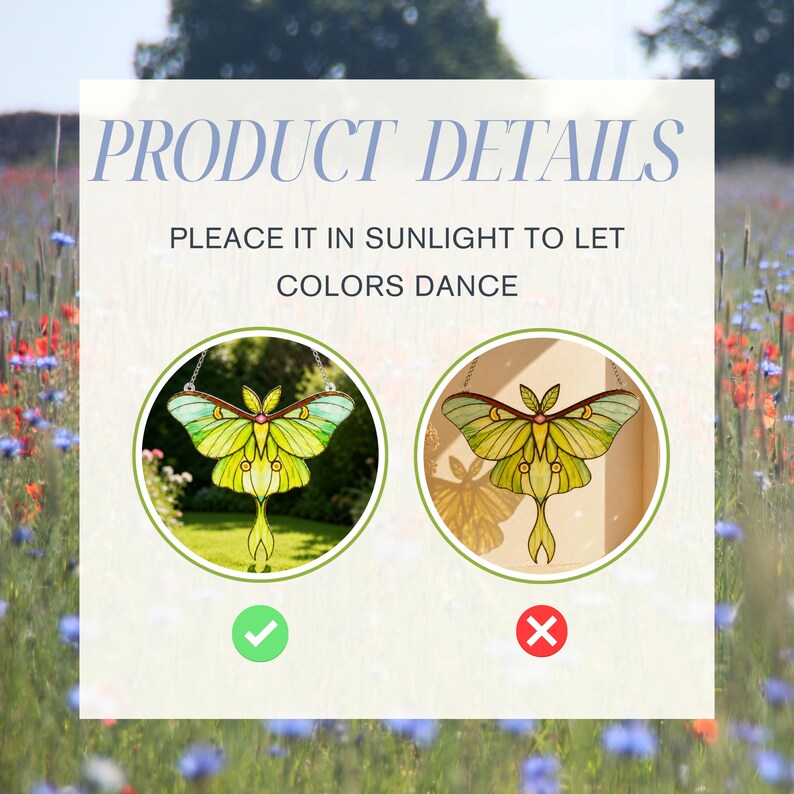 May include: A stained glass luna moth suncatcher featuring lime green and yellow wings with dark brown edges. The text reads PRODUCT DETAILS, PLEACE IT IN SUNLIGHT TO LET COLORS DANCE. Two circular images show the moth hanging outdoors and indoors.