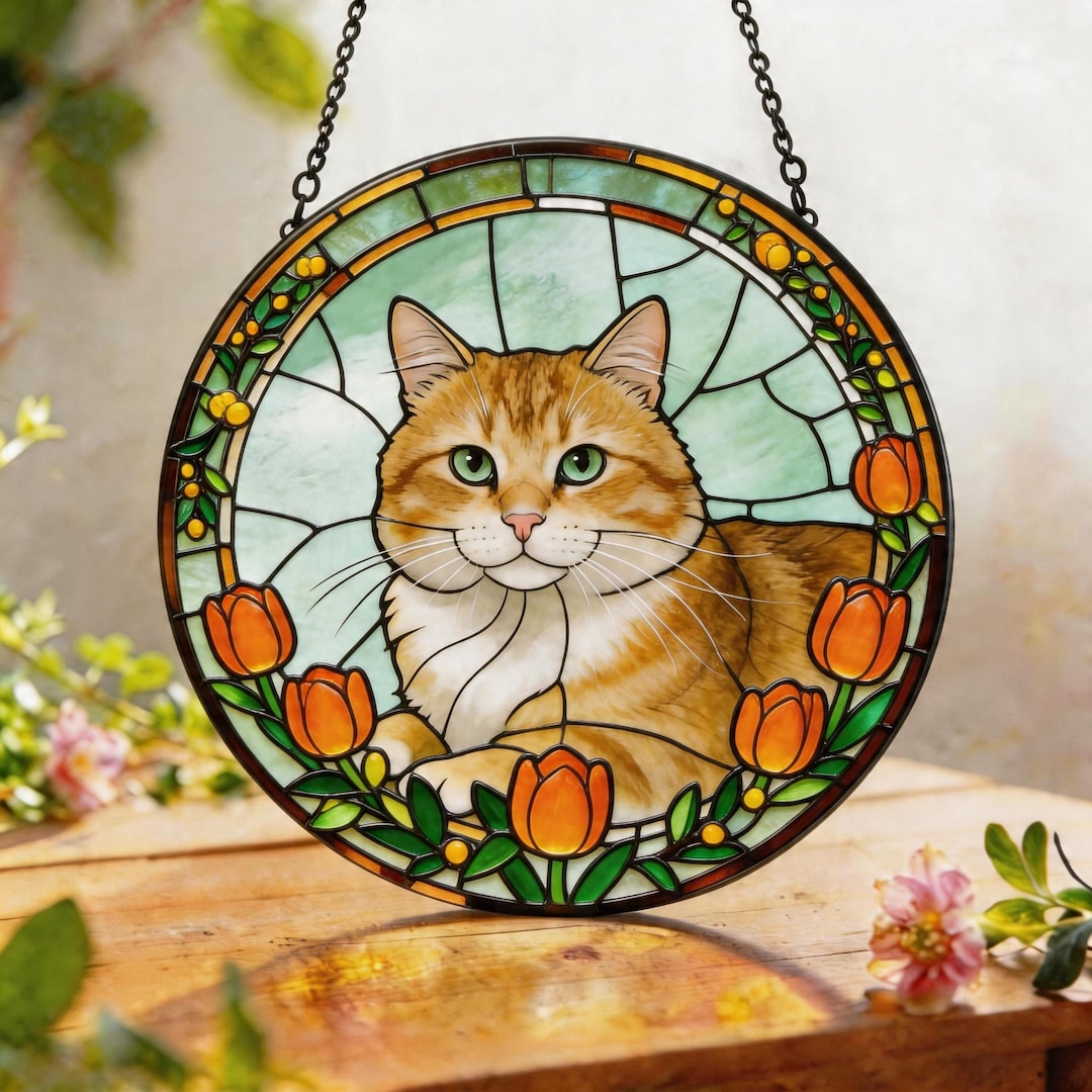 Cat Stained Glass Suncatcher, Orange Tabby Window Hanging Decor, Floral ...