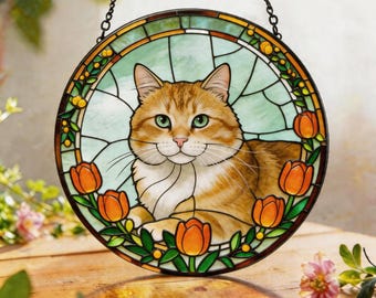 Cat Stained Glass Suncatcher, Orange Tabby Window Hanging Decor, Floral Cat Sun Catcher, Round Glass Art, Cat Lover Gift, Home Decor