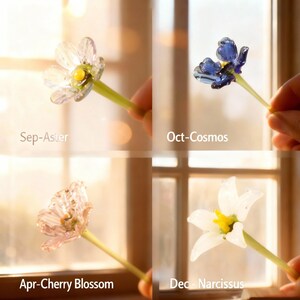 May include: Four delicate glass flower sculptures, each held by a hand. The flowers include a clear Aster, blue Cosmos, pink Cherry Blossom, and white Narcissus. Each flower has a yellow center and a green stem, with the month of the flower's bloom labeled.