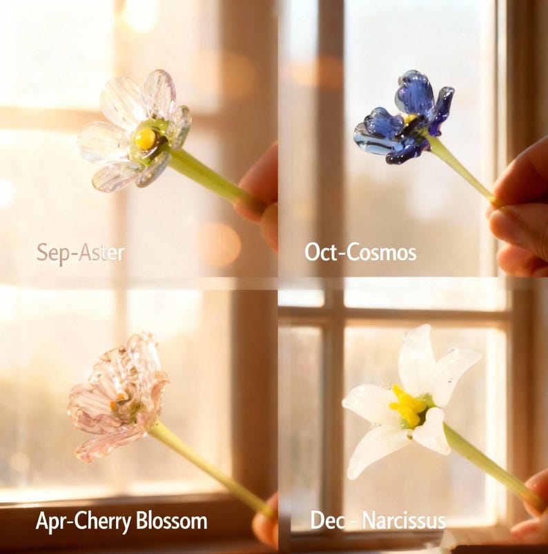 May include: Four delicate glass flower sculptures, each held by a hand. The flowers include a clear Aster, blue Cosmos, pink Cherry Blossom, and white Narcissus. Each flower has a yellow center and a green stem, with the month of the flower's bloom labeled.