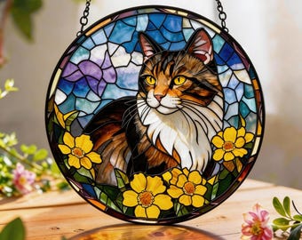 Witrażowy łapacz słońca z kotem, uroczy koci wieszak na okno, kwiatowa dekoracja szklana z kotem, ręcznie robione szklane dzieła sztuki, prezent dla miłośników kotów, wystrój domu