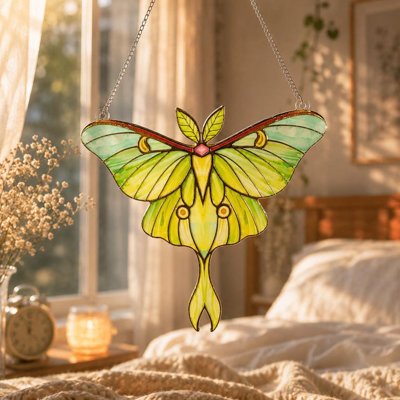 May include: A stained glass suncatcher shaped like a luna moth with vibrant lime green and pale yellow wings, featuring dark outlines, small circular accents, and a central pink diamond detail, suspended by a thin silver metal chain.