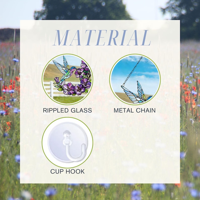 May include: Image showing the materials used in a hummingbird stained glass art piece. The materials include rippled glass, a metal chain, and a cup hook. The text "MATERIAL" is at the top of the image.