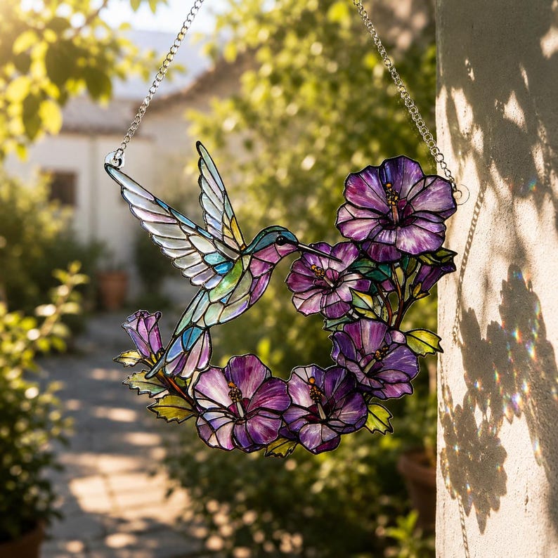 May include: Stained glass hummingbird suncatcher with a vibrant design. The bird is depicted with colorful wings and a long beak, hovering near a wreath of purple hibiscus flowers. It hangs from a silver chain, perfect for a window or garden decor.