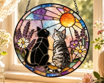 Cat Couple Stained Glass Suncatcher, Black and Tabby Cats Window Hanging, Romantic Cat Decor, Floral Garden Art,  Cat Lovers Gift