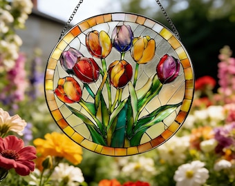 Kolorowy łapacz słońca z tulipanami, kwiatowa dekoracja okna, wiosenny akcent do domu, prezent do ogrodu, prezent dla babci i mamy