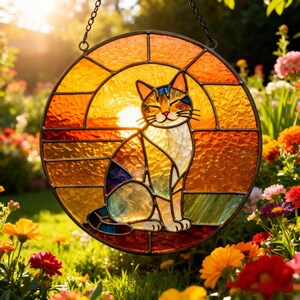 May include: A round stained glass window featuring a cat design. The cat is depicted in a seated position with a smiling expression. The glass uses warm colors like orange, yellow, and brown, with blue accents. A black chain is attached for hanging.