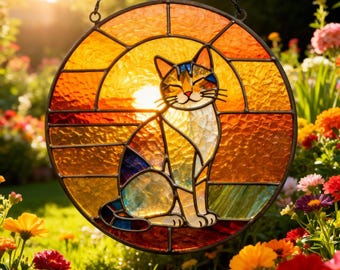Ręcznie wykonany witrażowy łapacz słońca w kształcie kota, zawieszka na okno z motywem zachodzącego słońca, okrągła dekoracja w oknie z motywem kota, prezent dla miłośników kotów i entuzjastów ogrodów