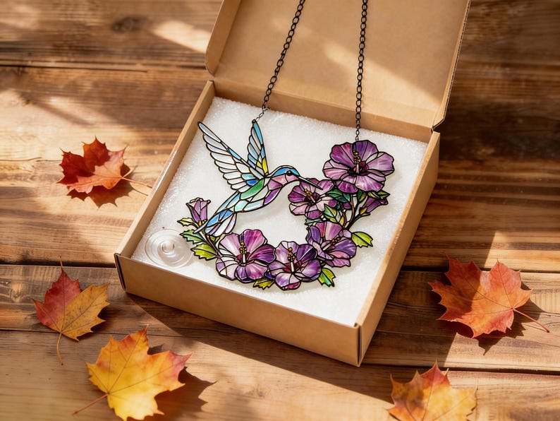 May include: A stained glass hummingbird and floral design necklace in a cardboard box. The hummingbird has blue, green, and white wings, with a purple and pink flower arrangement. The necklace hangs on a black chain. The box sits on a wooden surface with autumn leaves.