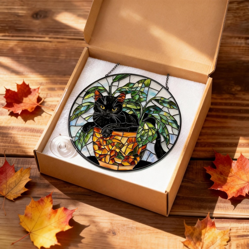 Black Cat Stained Glass Suncatcher, Botanical Cat Glass Decor, Round Cat Stained Glass, Decor Gift for Cat Lovers Mom Friend image 9
