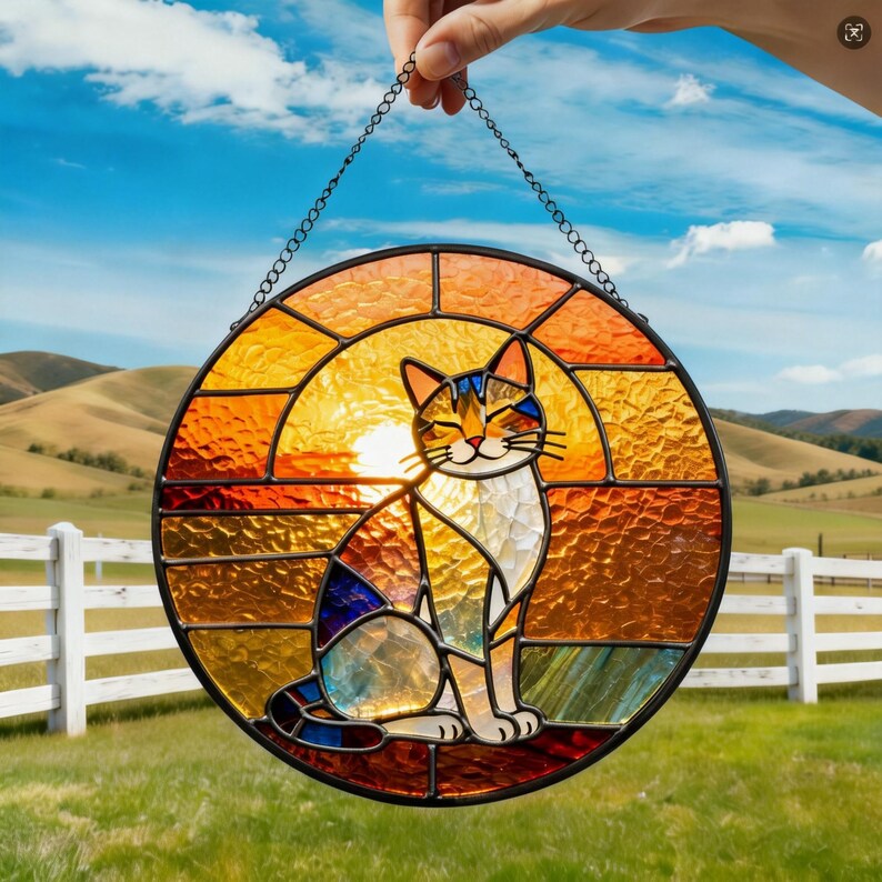 Handmade Stained Glass Cat Suncatcher, Sunset Cat Window Hanging, Round Glass Window Decor, Cozy Gift for Cat Lovers image 3