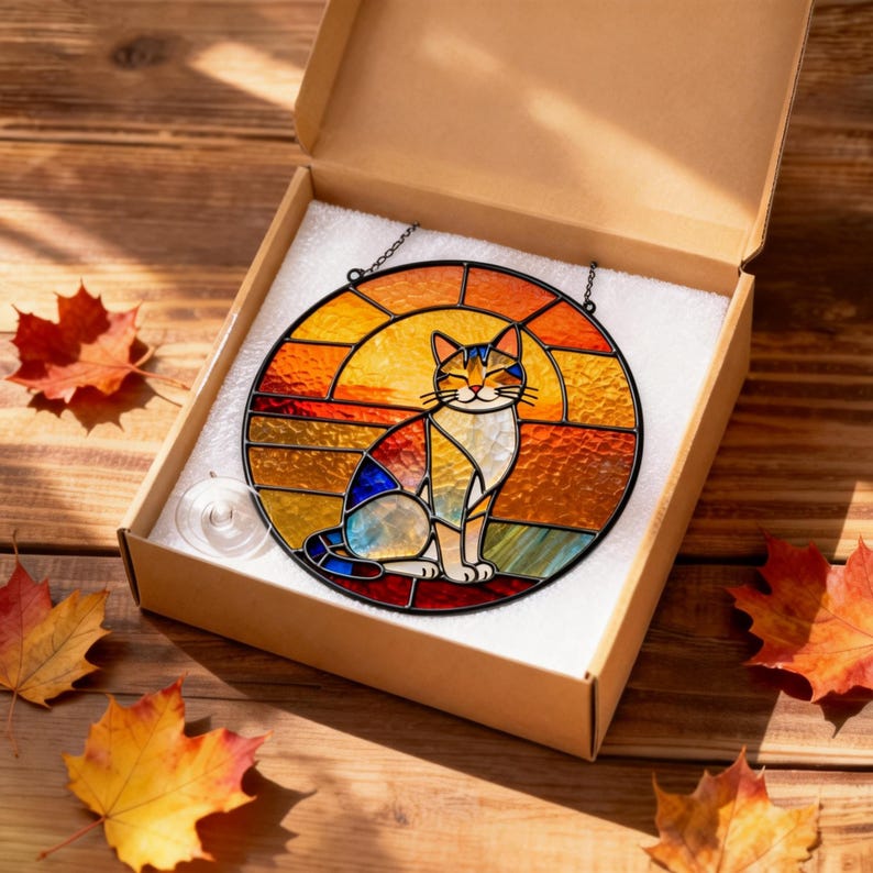 Handmade Stained Glass Cat Suncatcher, Sunset Cat Window Hanging, Round Glass Window Decor, Cozy Gift for Cat Lovers image 10