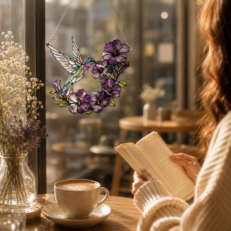 May include: A stained glass hummingbird suncatcher with a floral wreath of purple flowers. The hummingbird has iridescent wings and is suspended by a silver chain. The suncatcher is hanging in front of a window.