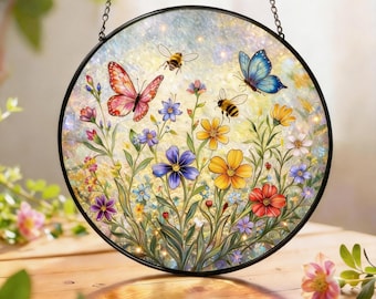 Witrażowy łapacz słońca z motywem pszczół i motyli, zawieszka na okno, kolorowa okrągła dekoracja ze szkła