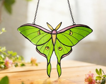 Stained Glass Luna Moth Sun Catcher Green Butterfly Window Hanging Gift for Garden Home Decor, Birthday Gift for Her