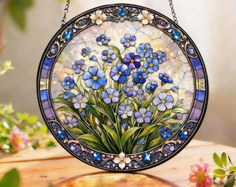Acchiappasole con fiori blu in vetro colorato, da appendere alla finestra rotonda con motivo floreale, elegante decorazione naturale, regalo per gli amanti del giardino