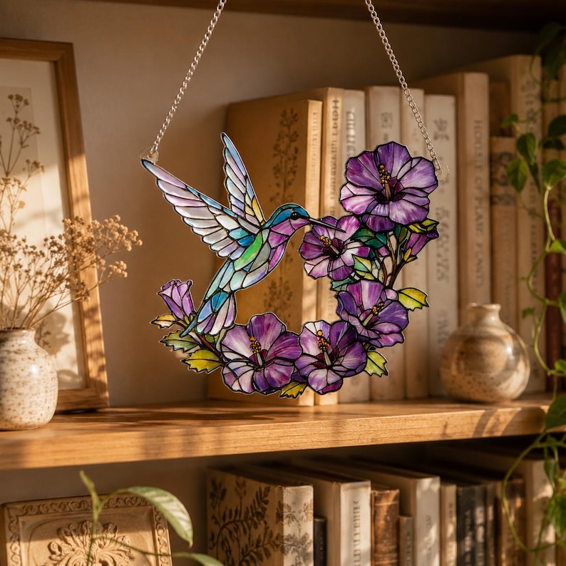 May include: A stained glass hummingbird with a colorful design, suspended by a silver chain. The bird is positioned near a wreath of purple flowers. The artwork is displayed on a wooden shelf with books and decorative items.