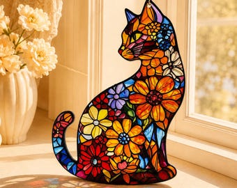 Acchiappasole a forma di gatto floreale, Gatto da appendere alla finestra, Decorazione colorata a forma di gatto, Ornamento da giardino a forma di gatto, Regalo per amanti dei gatti, Decorazione artistica in vetro a forma di gatto