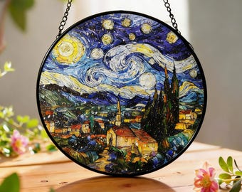 Starry Night Style Glass Suncatcher, Round window decorations, Handmade Round Glass Hanging, Anniversary Gift, Unique Gift for Her