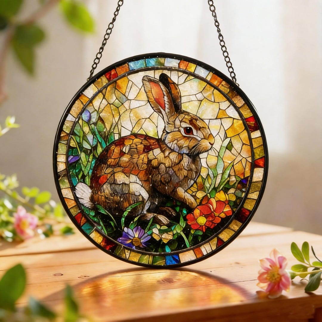 Simple Stained Glass Rabbit Stained Glass Rabbit Suncatcher, Bunny Window Hanging Art, Handmade ...