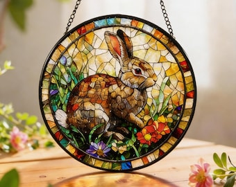 Stained Glass Rabbit Suncatcher, Bunny Window Hanging Art, Handmade Spring Animal Decor, Easter Gift for Home