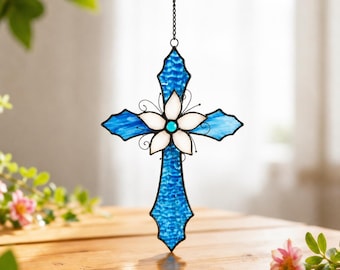 Blue Cross Suncatcher, Stained Glass Cross Decor, Christian Window Hanging, Religious Sun Catcher, Sympathy Gift For Family