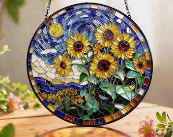 Łapacz słońca ze szkła słonecznikowego, okrągły witraż, pomysł na kolorowy prezent do domu, prezent dla miłośnika ogrodów