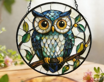 Artystyczny szklany łapacz słońca z sową, okrągły witraż z sową, słodka dekoracja okna z sową, przemyślany prezent dla niej lub dla niego