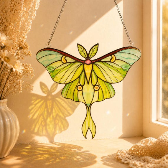 Luna Moth Stained Glass Suncatcher, Green Moth Window Hanging, Nature Inspired Glass Decor, Cottagecore Gift, Garden Art