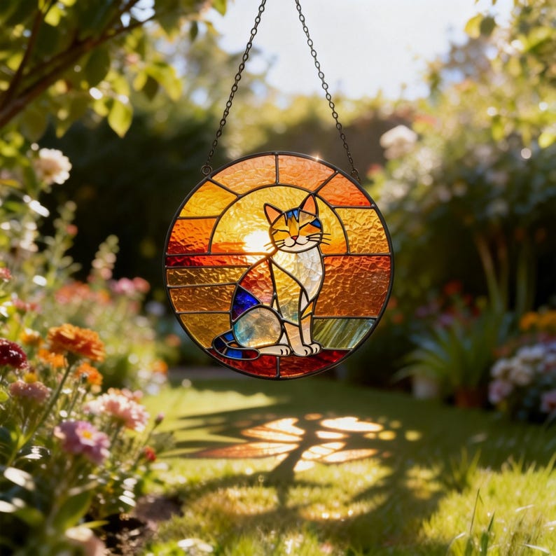 Handmade Stained Glass Cat Suncatcher, Sunset Cat Window Hanging, Round Glass Window Decor, Cozy Gift for Cat Lovers image 11