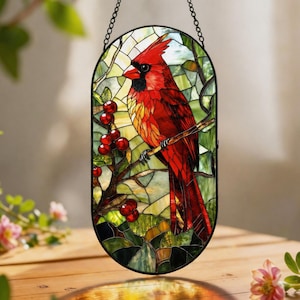Atrapasueños de vitral con forma de cardenal, decoración colgante para ventana con pájaro rojo, regalo de condolencia conmemorativo, regalo de panel de vidrio vertical para mamá.