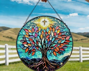 Stained Glass Tree of Life Hanging Art, Tree of Life Round Glass Suncatcher, Religious Window Art for Christian Home & Meaningful Gifts