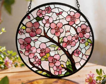 Cherry Blossom Stained Glass Suncatcher, Pink Floral Window Hanging Decor, Round Glass Sun Catcher, Spring Window Decor Gift for Her