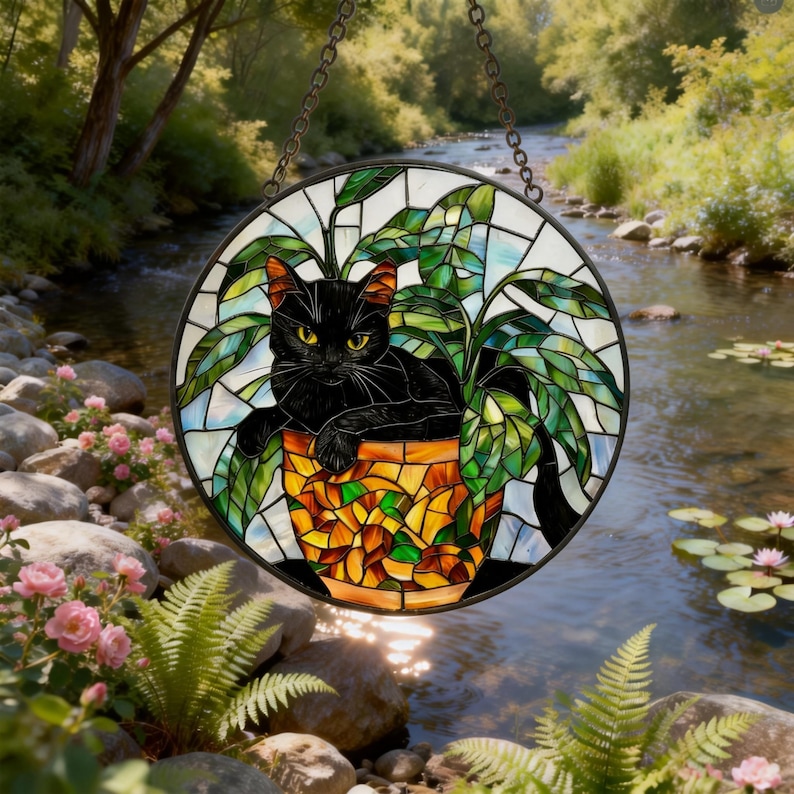 Black Cat Stained Glass Suncatcher, Botanical Cat Glass Decor, Round Cat Stained Glass, Decor Gift for Cat Lovers Mom Friend image 11