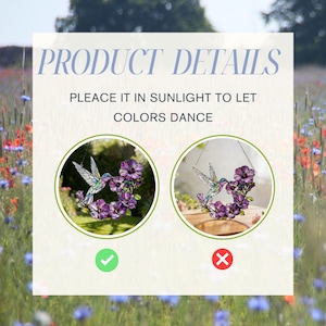 May include: A stained glass hummingbird and flower wreath. The hummingbird has iridescent wings and is surrounded by purple flowers. The text "PRODUCT DETAILS" and "PLEASE IT IN SUNLIGHT TO LET COLORS DANCE" are displayed above the image.
