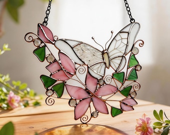 Butterfly Stained Glass Suncatcher, Pink Floral Glass Window Hanging, Light Garden Style Decor, Thoughtful Gift for Mom or Her