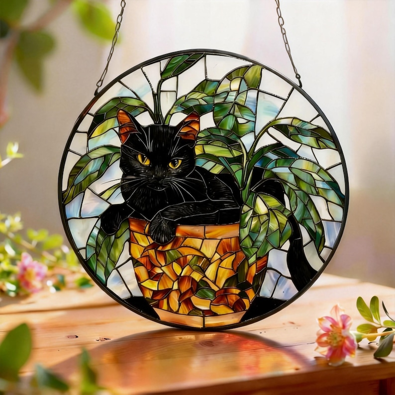Black Cat Stained Glass Suncatcher, Botanical Cat Glass Decor, Round Cat Stained Glass, Decor Gift for Cat Lovers Mom Friend image 4