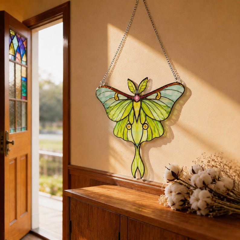 May include: A stained glass suncatcher shaped like a luna moth with light green and yellow wings, dark outlines, and a small pink center accent. The moth is suspended by a silver metal chain against a plain wall, featuring intricate wing patterns.