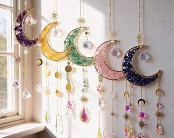 Witrażowy łapacz słońca w kształcie księżyca, zawieszka na okno w kształcie półksiężyca, ręcznie robiony prezent dla miłośników wystroju wnętrz, prezent na Walentynki