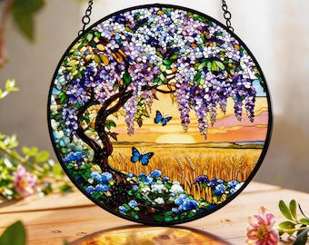 Łapacz słońca z witrażem w kształcie glicynii, wisząca ozdoba okienna z motylami, sztuka szklana z zachodzącym słońcem, prezent dla miłośnika natury, wiosenny wystrój domu