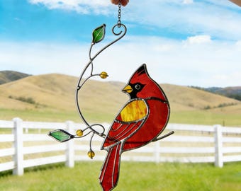 Witraż Kardynał, Czerwony Ptak na Okno, Ręcznie Robiona Dekoracja Szklana z Ptakami, Prezent dla Miłośników Ptaków, Prezent dla Mamy